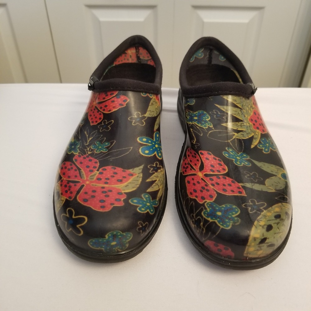 Sloggers Women Garden Shoes Black Floral Waterproof Rain Clogs Slip On Size 9